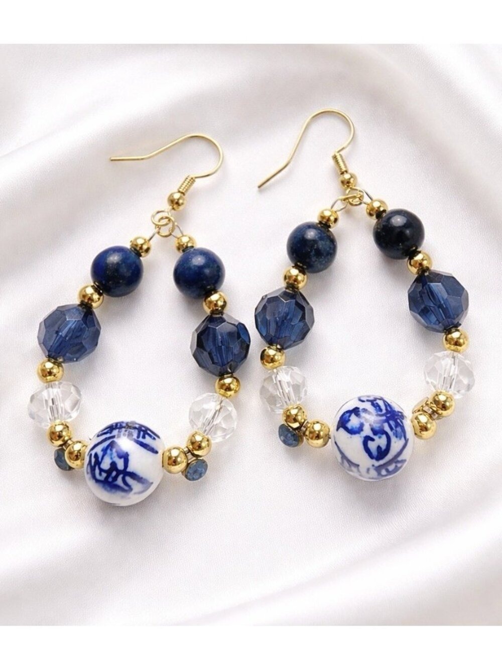 REIMAGINED Blue & White Porcelain Hoop Earrings 2.5” Glass Beads
